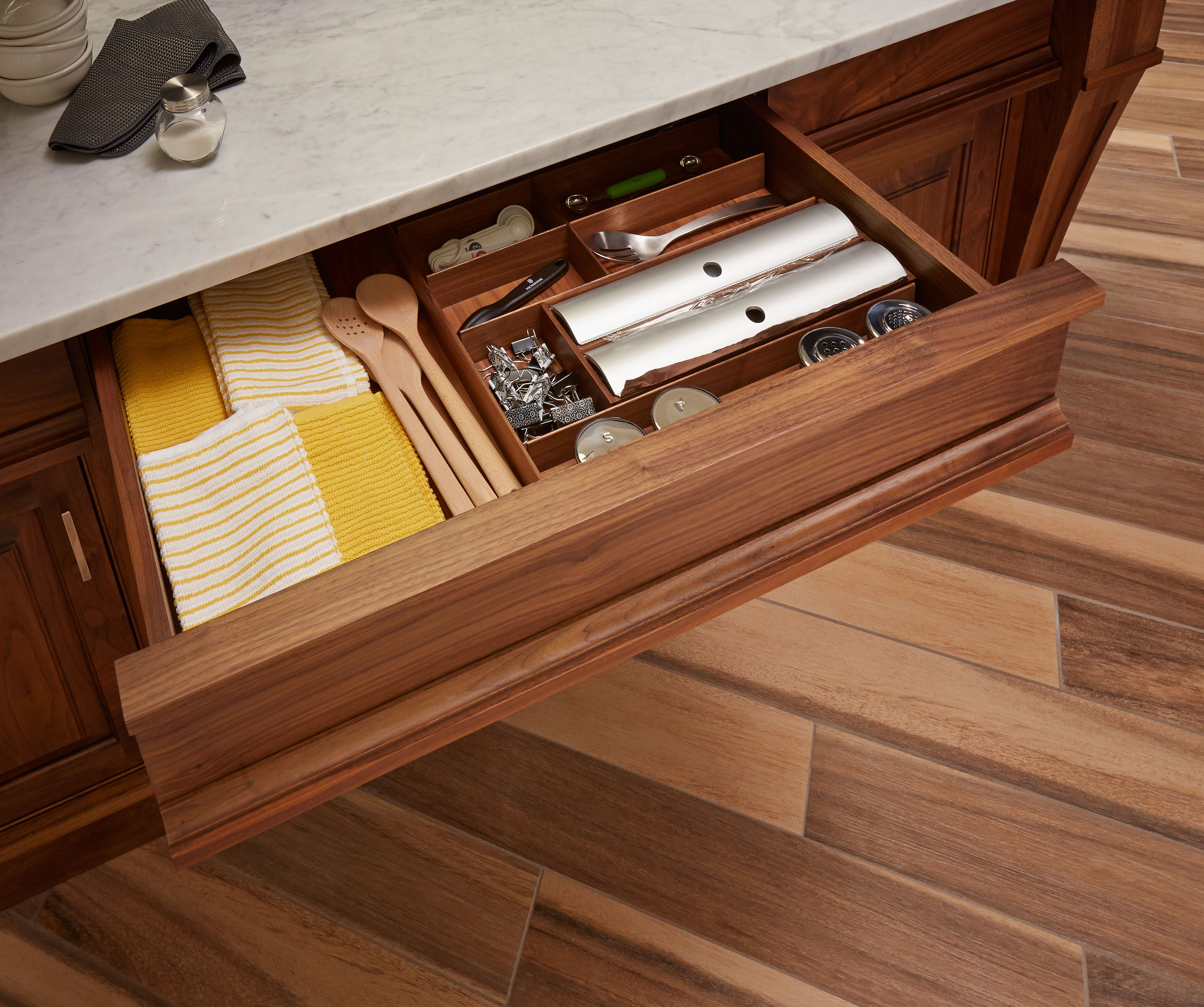 Walnut Deep Drawer Organizer with Dividers and a Deep Drawer