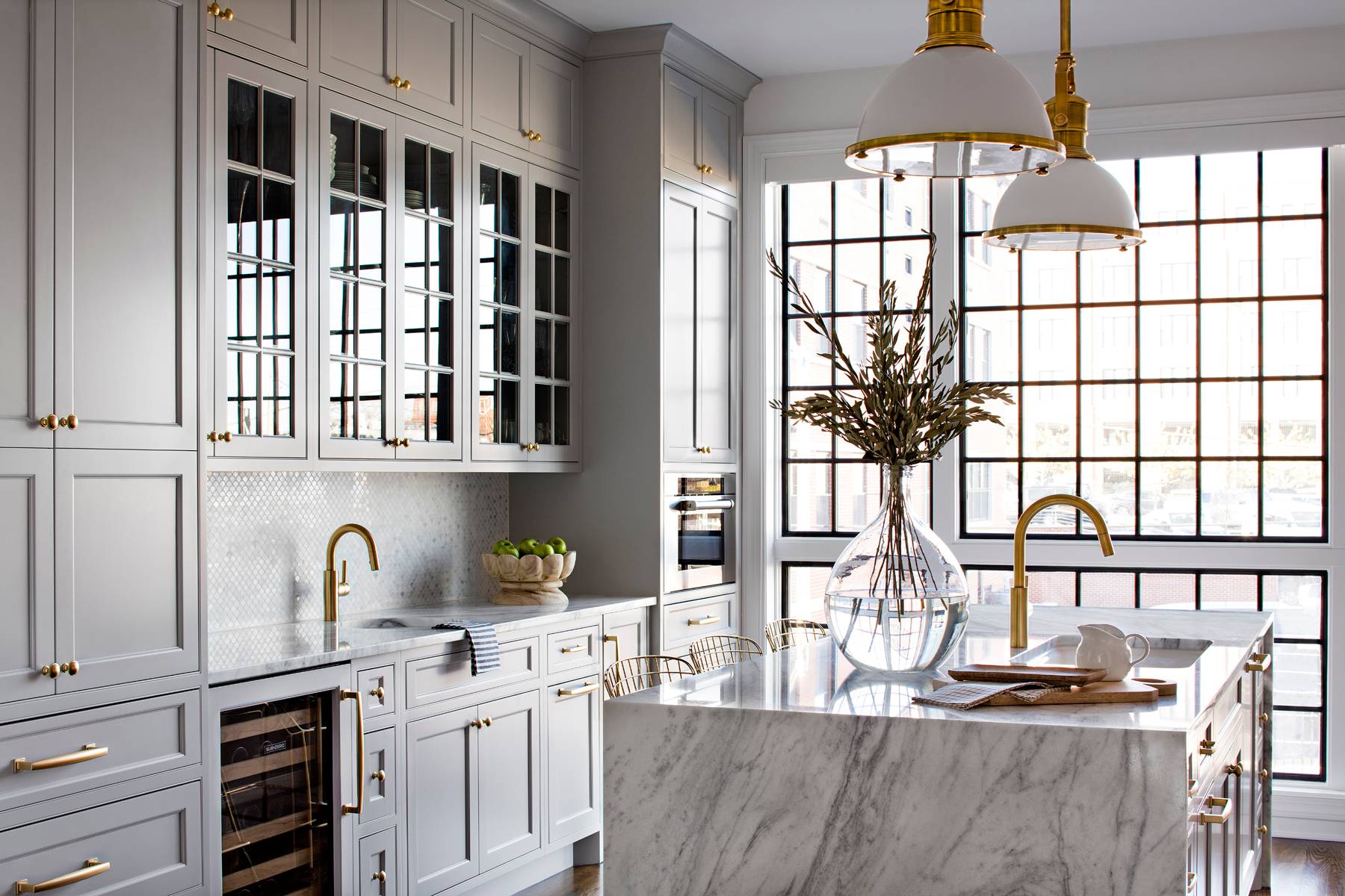 Gray Kitchen with Brass Accents - Crystal Cabinets