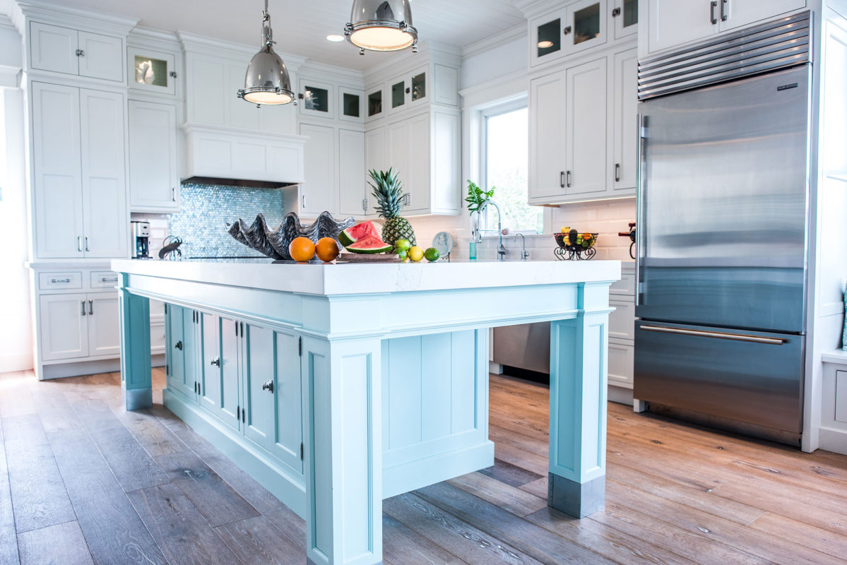 Coastal Style White Kitchen with Blue Island - Crystal Cabinets