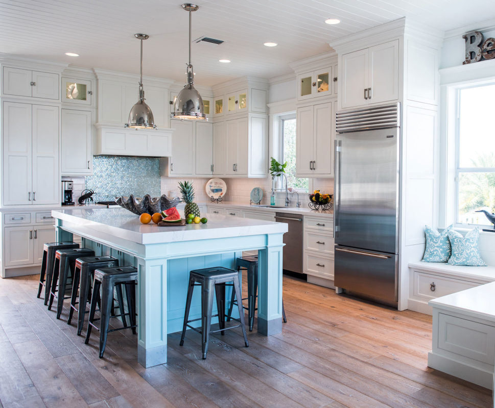 Coastal Style White Kitchen With Blue, White Kitchen Cabinets With Light Blue Island
