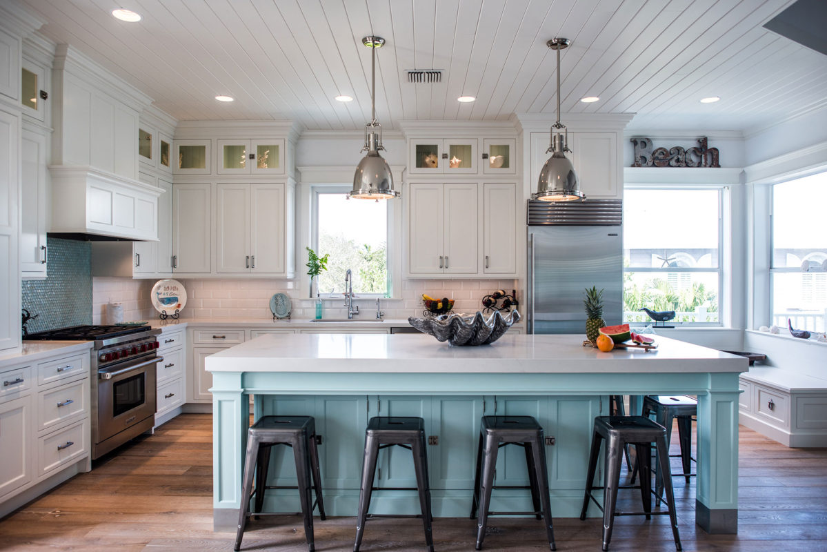 Coastal Style White Kitchen with Blue Island