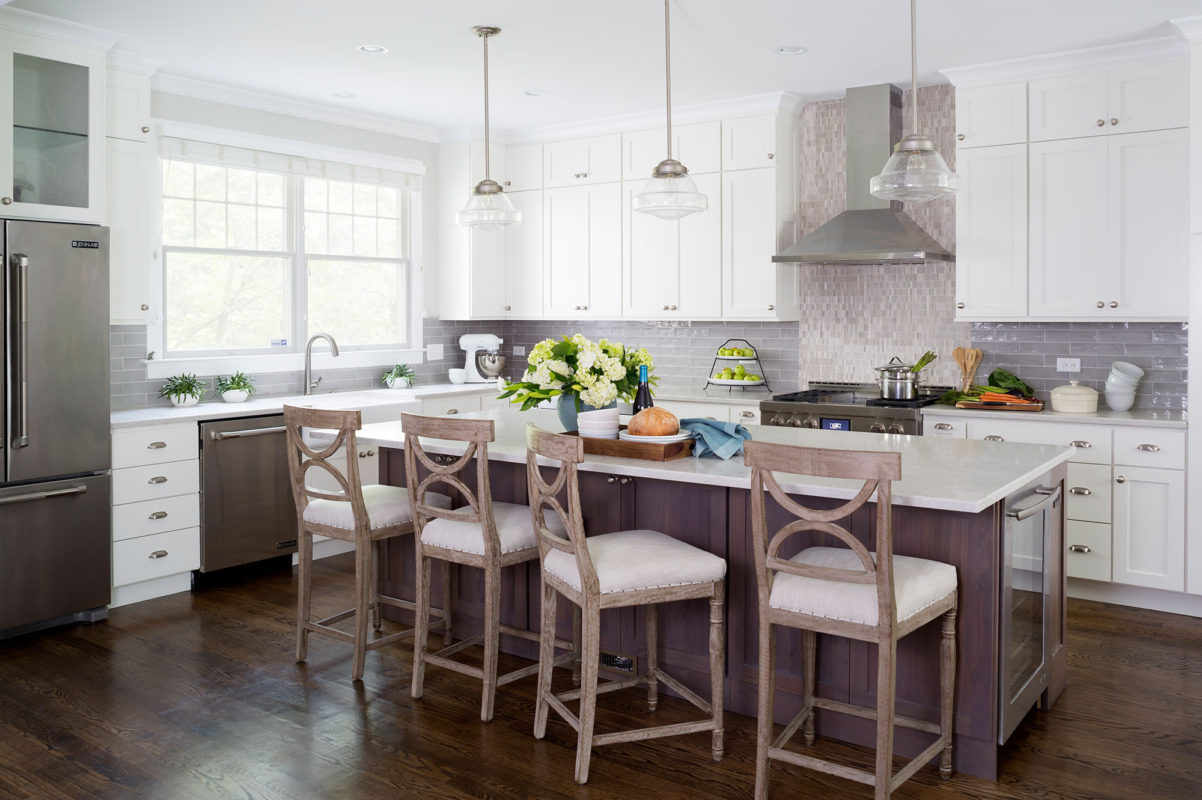 Painted White Kitchen With Dark Grey Stained Walnut Island Crystal Cabinets