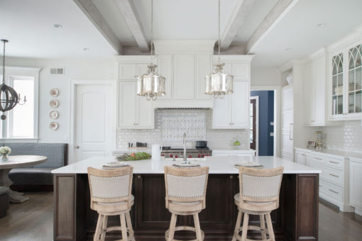 Painted White Kitchen with Dark Wood Island - Crystal Cabinets