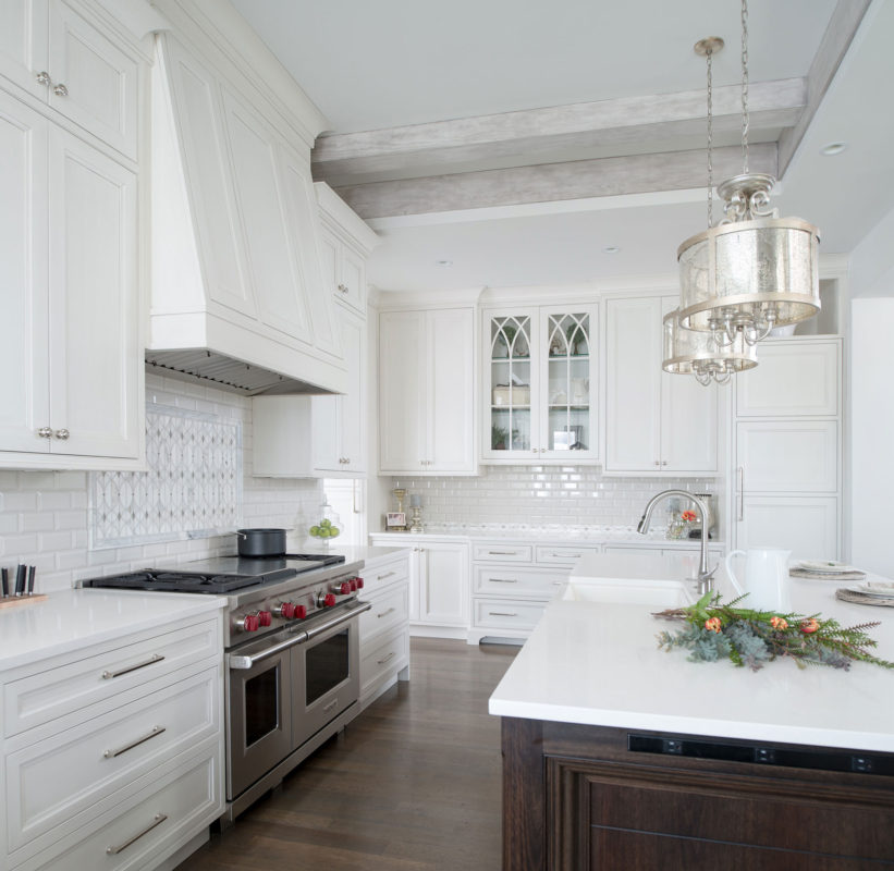 Painted White Kitchen With Dark Wood, White Kitchen Cabinets With Darker Island