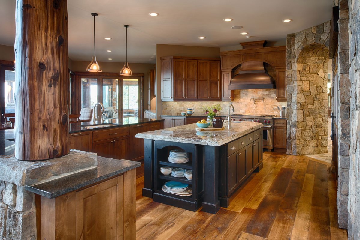 Rustic Kitchen With Painted Black Island Crystal Cabinets