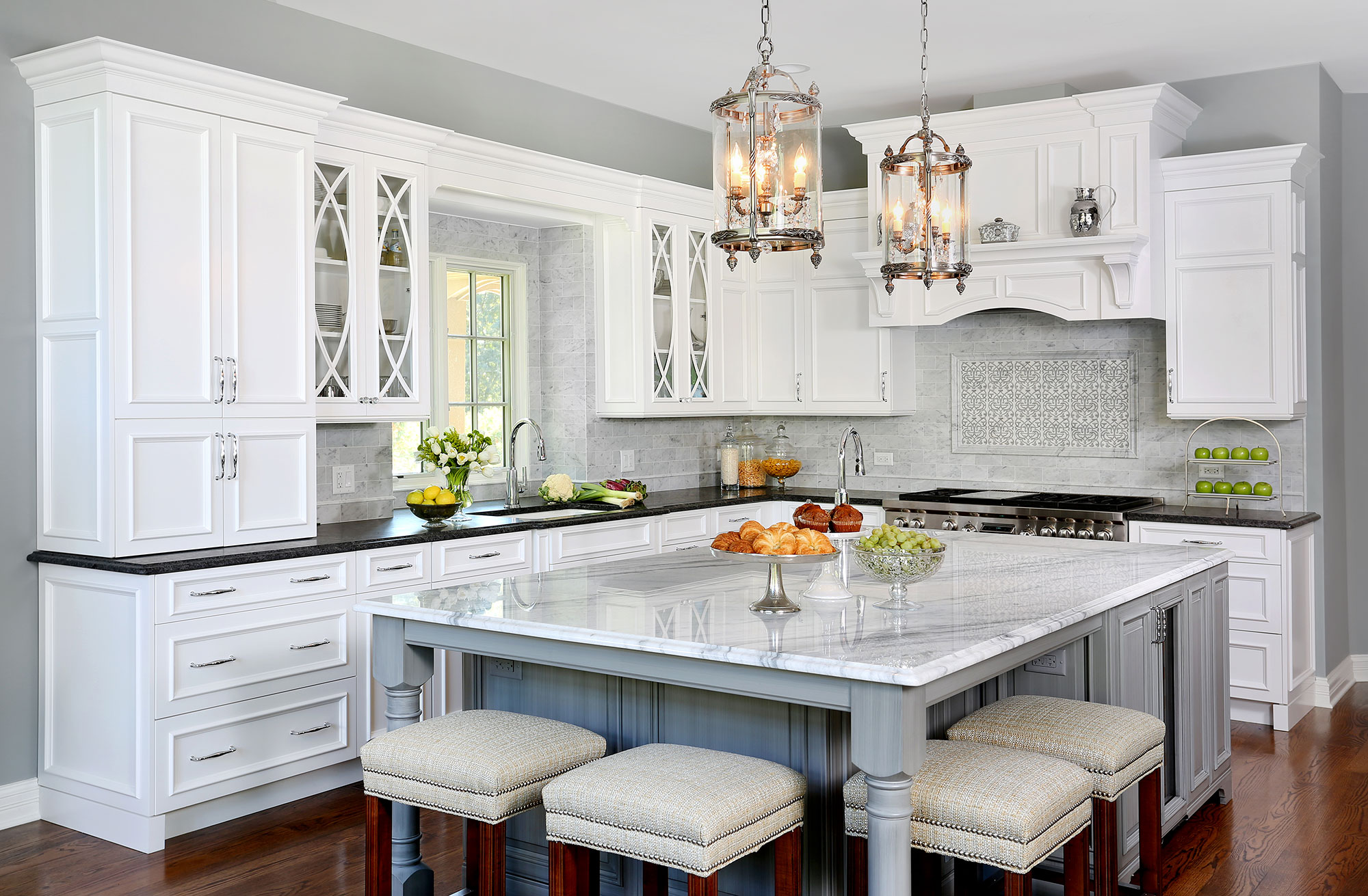 Traditional Formal White and Grey Kitchen - Crystal Cabinets