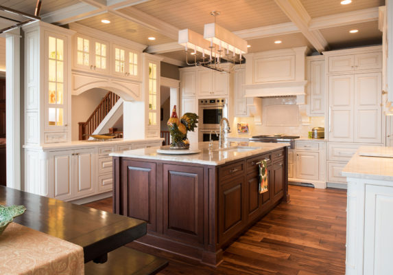 Traditional White Kitchen with Dark Cherry Island - Crystal Cabinets