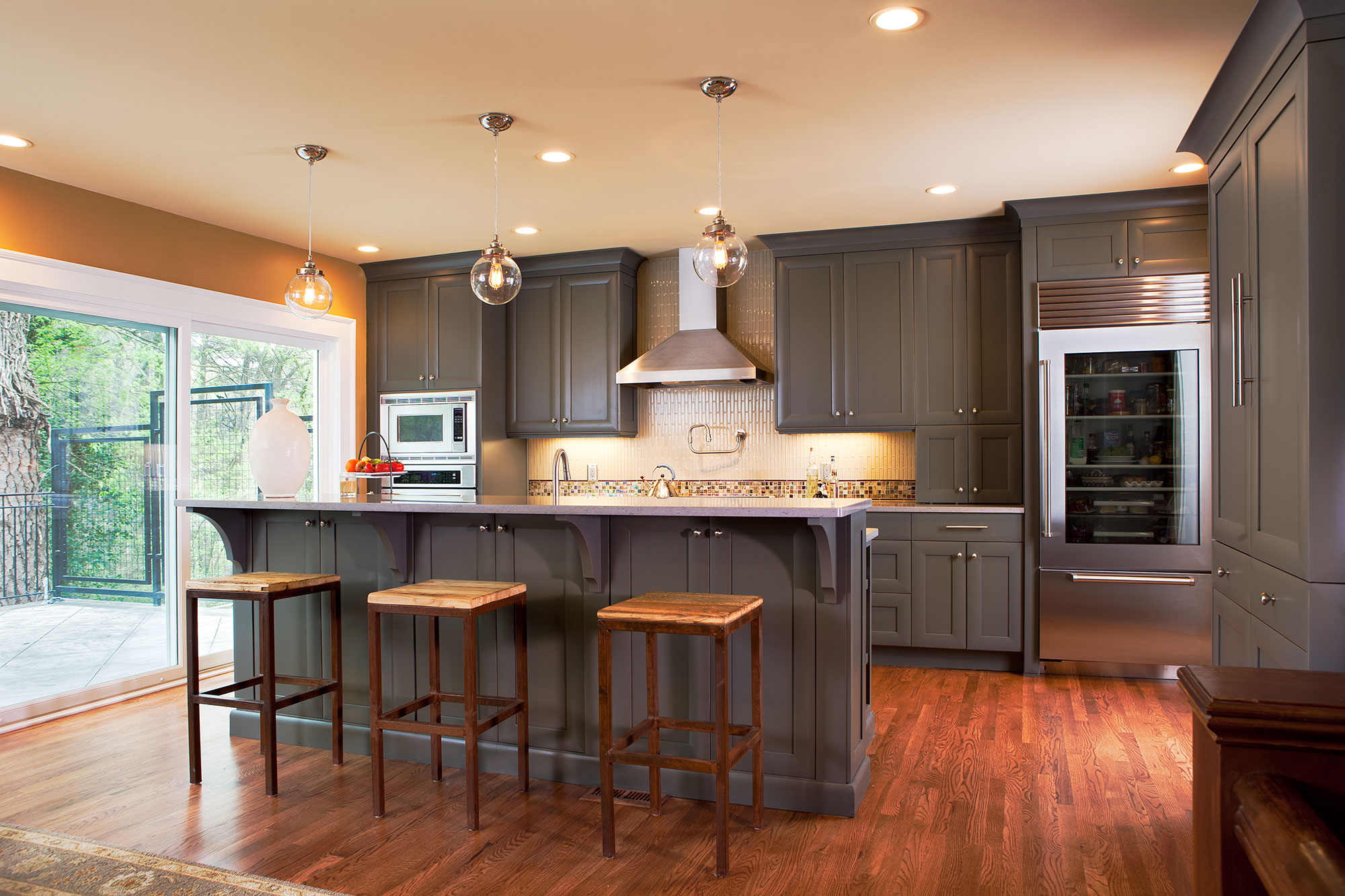 Transitional Custom Grey Painted Kitchen Crystal Cabinets