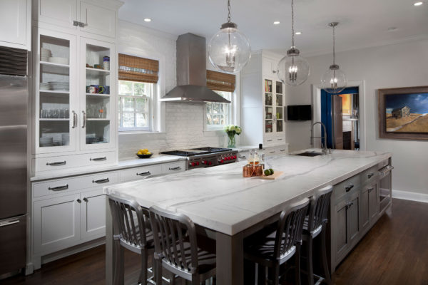 Transtional White Kitchen with Grey Blue Stained Island