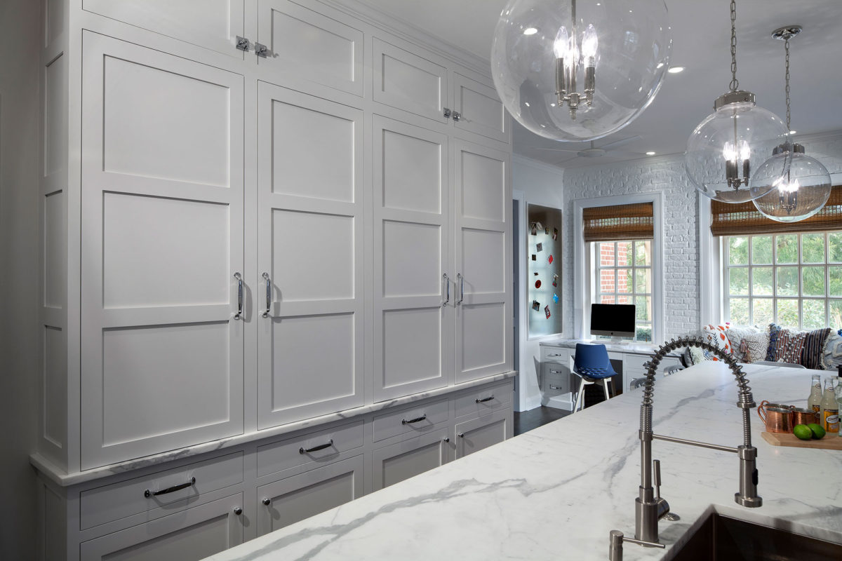 Transtional White Kitchen with Grey Blue Stained Island