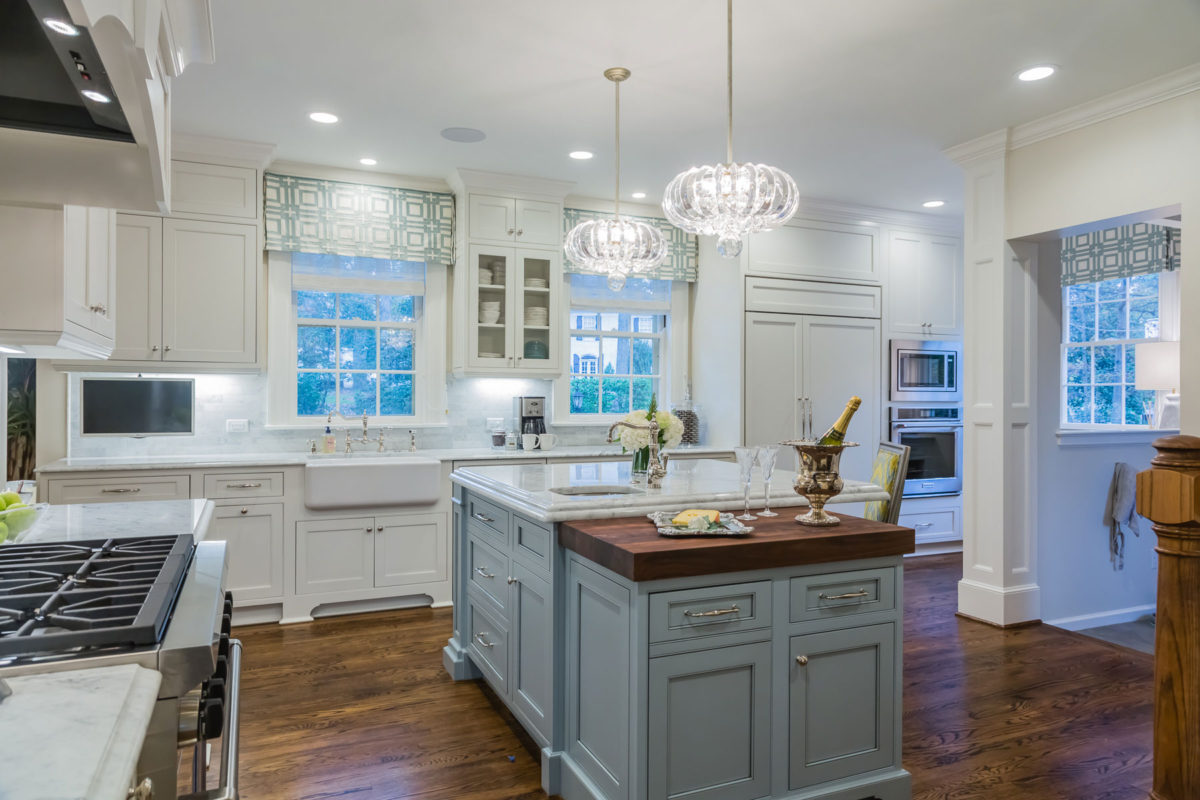White Kitchen with Light Blue Painted Island