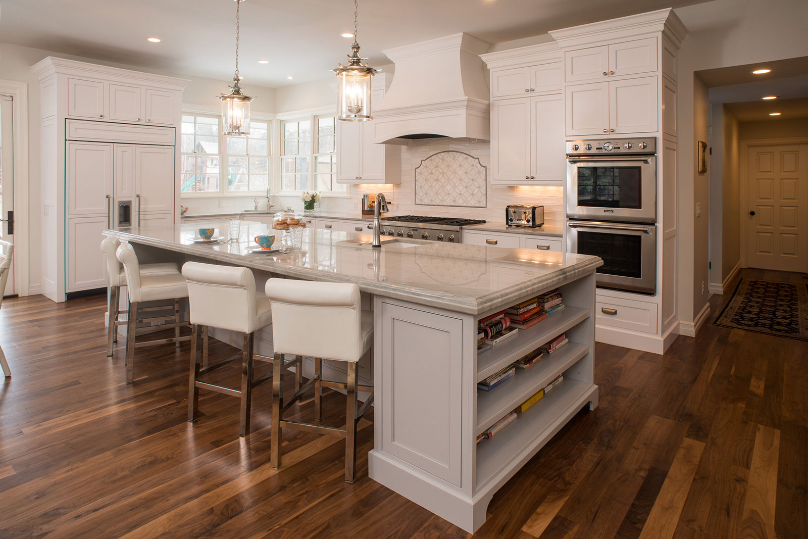 White Kitchen with Light Grey Island - Crystal Cabinets