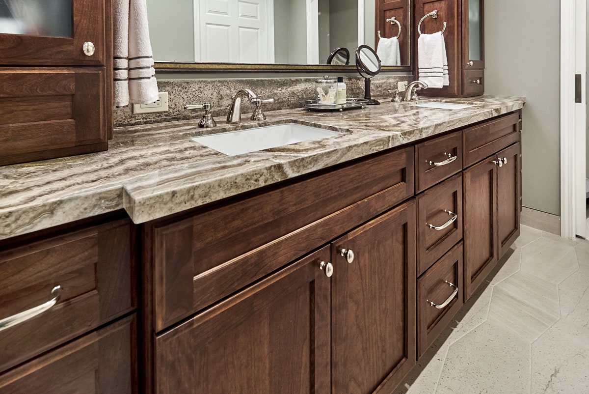 Bathroom Vanity Finished in a Dark Stain - Crystal Cabinets