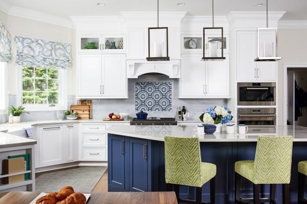 Transitional Painted White Kitchen with Classic Blue Island - Crystal ...