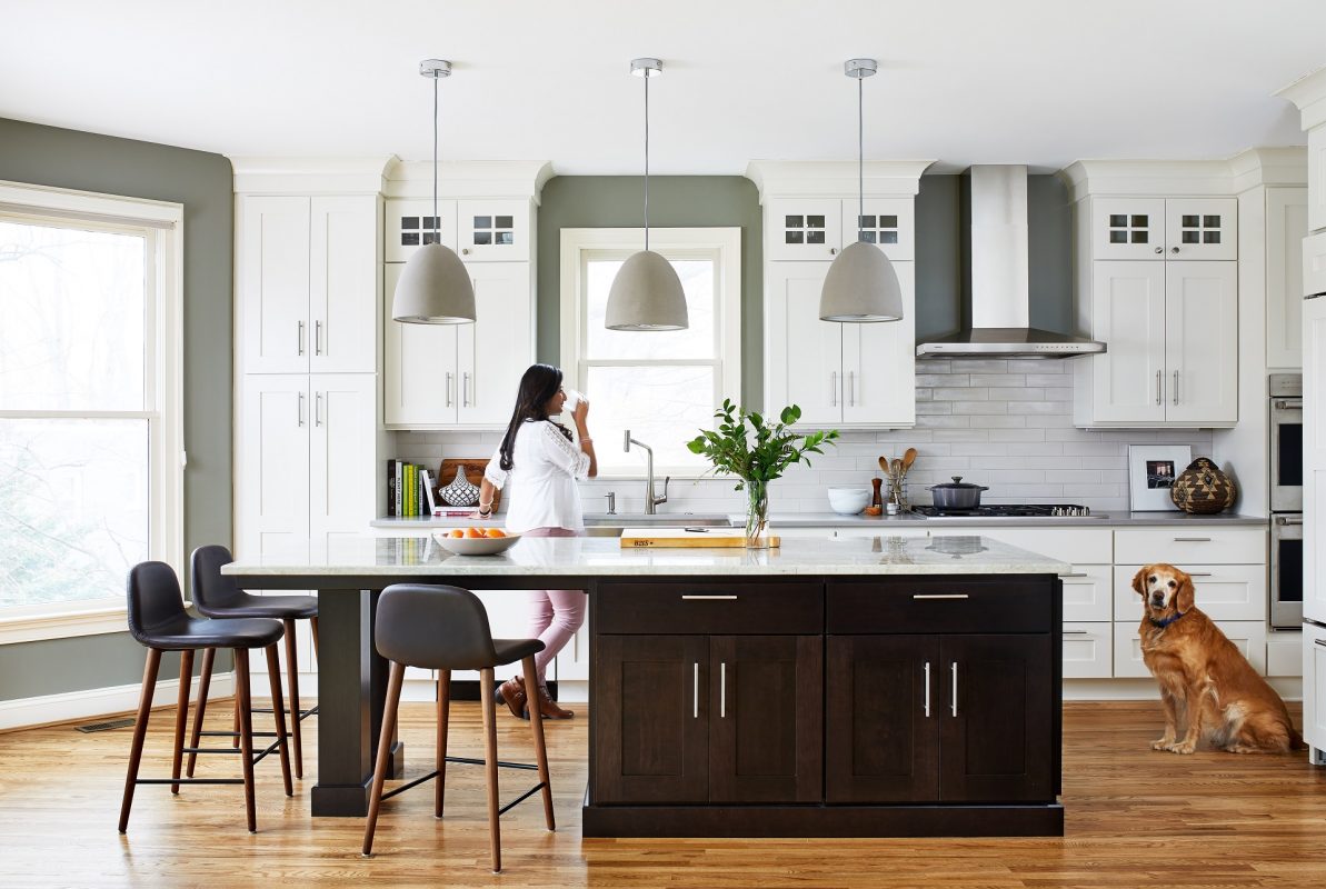 White Kitchen With Dark Stained Island, White Kitchen Cabinets With Colored Island