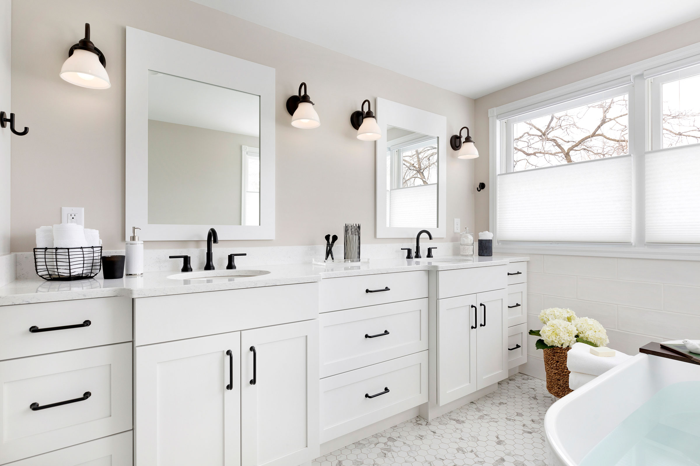 Spacious White Master Bathroom, White Cabinet Bathroom Ideas