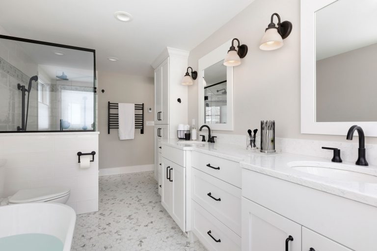 Spacious White Master Bathroom - Crystal Cabinets