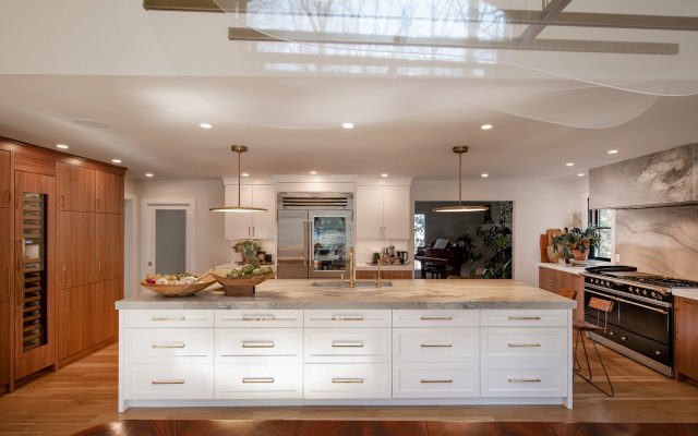 Beautiful White Kitchen with Ceiling Mural - Crystal Cabinets